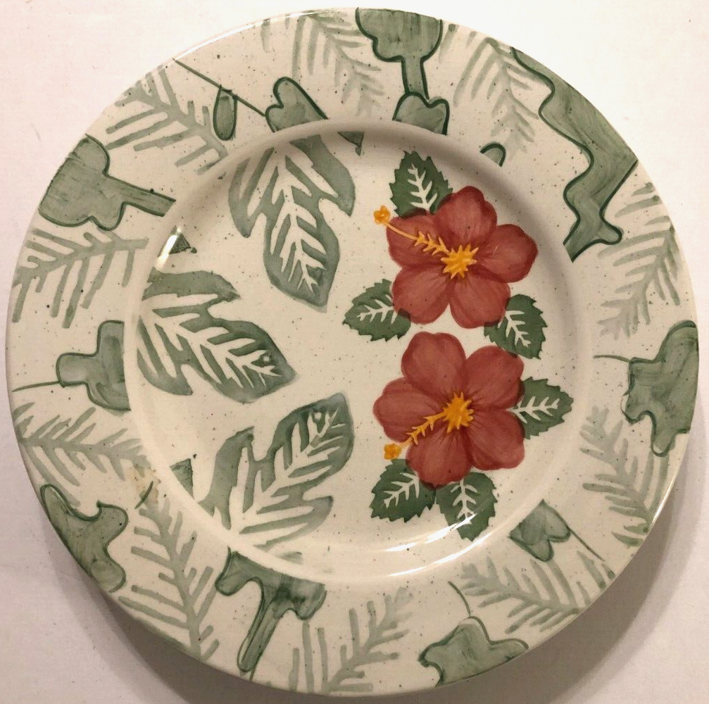 K.I.C. Botanica Stonemite Floral Hibiscus Handpainted White Dinner Plate 10 3/4