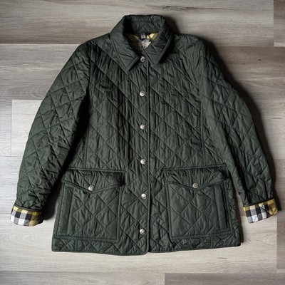 Burberry Brit Women's Green Quilted Jacket Dark Olive Check Lining Size M Medium