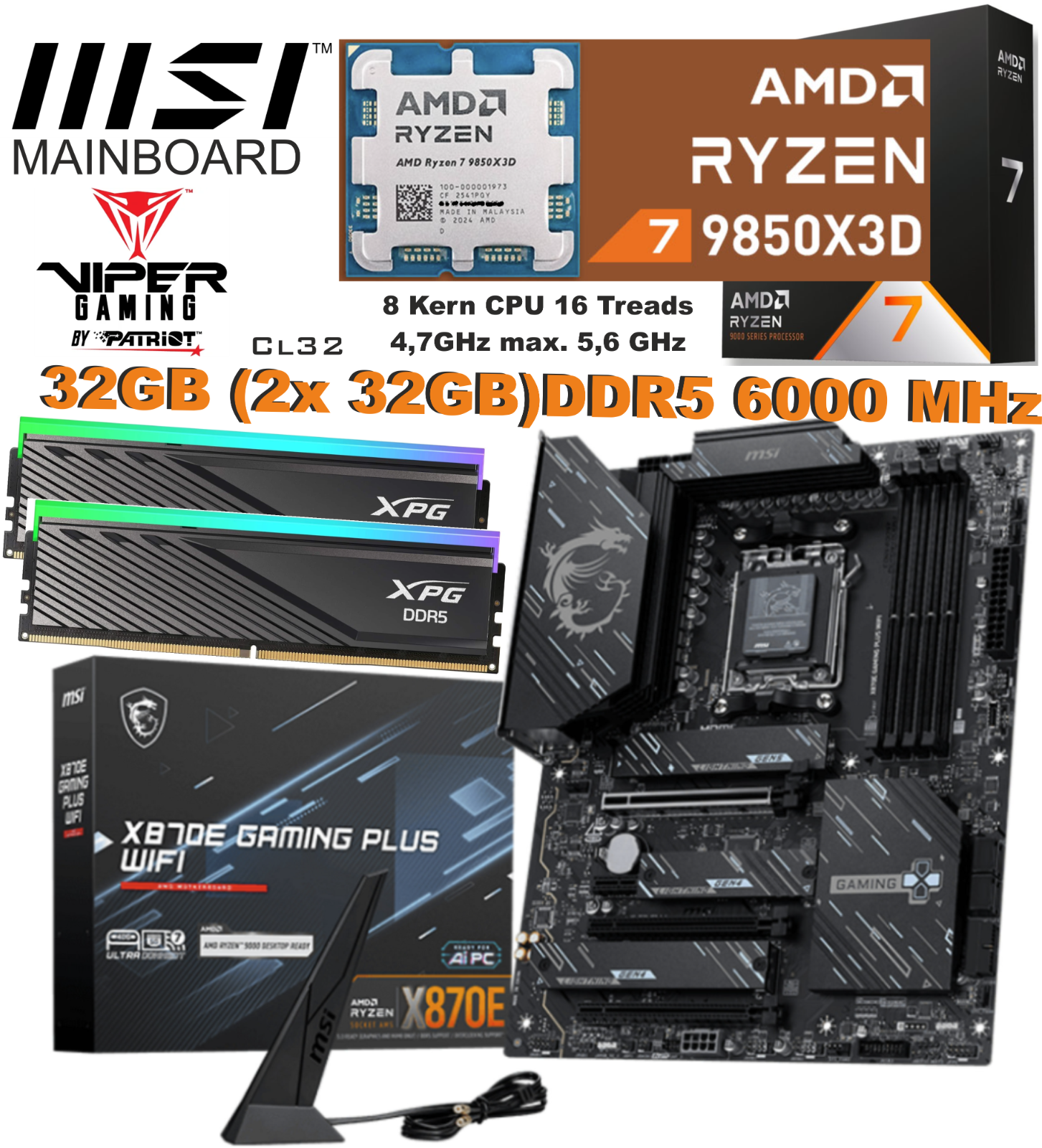 MSI X870E Gaming Plus WiFi Mainboard, ATX - Unterstützt AMD Ryzen 9000/8000 / 7000 Prozessoren, AM5-60A SPS VRM, DDR5 Memory Boost 8200+ MT/s (OC), PCIe 5.0 x16 & 4.0 x4, M.2 Gen5, Wi-Fi 7, 5G LAN - Bild 2