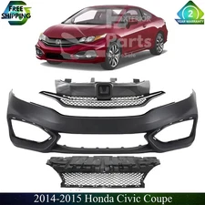 Front Bumper Cover Fascia & Grille Assembly Kit For 2014-2015 Honda Civic Coupe
