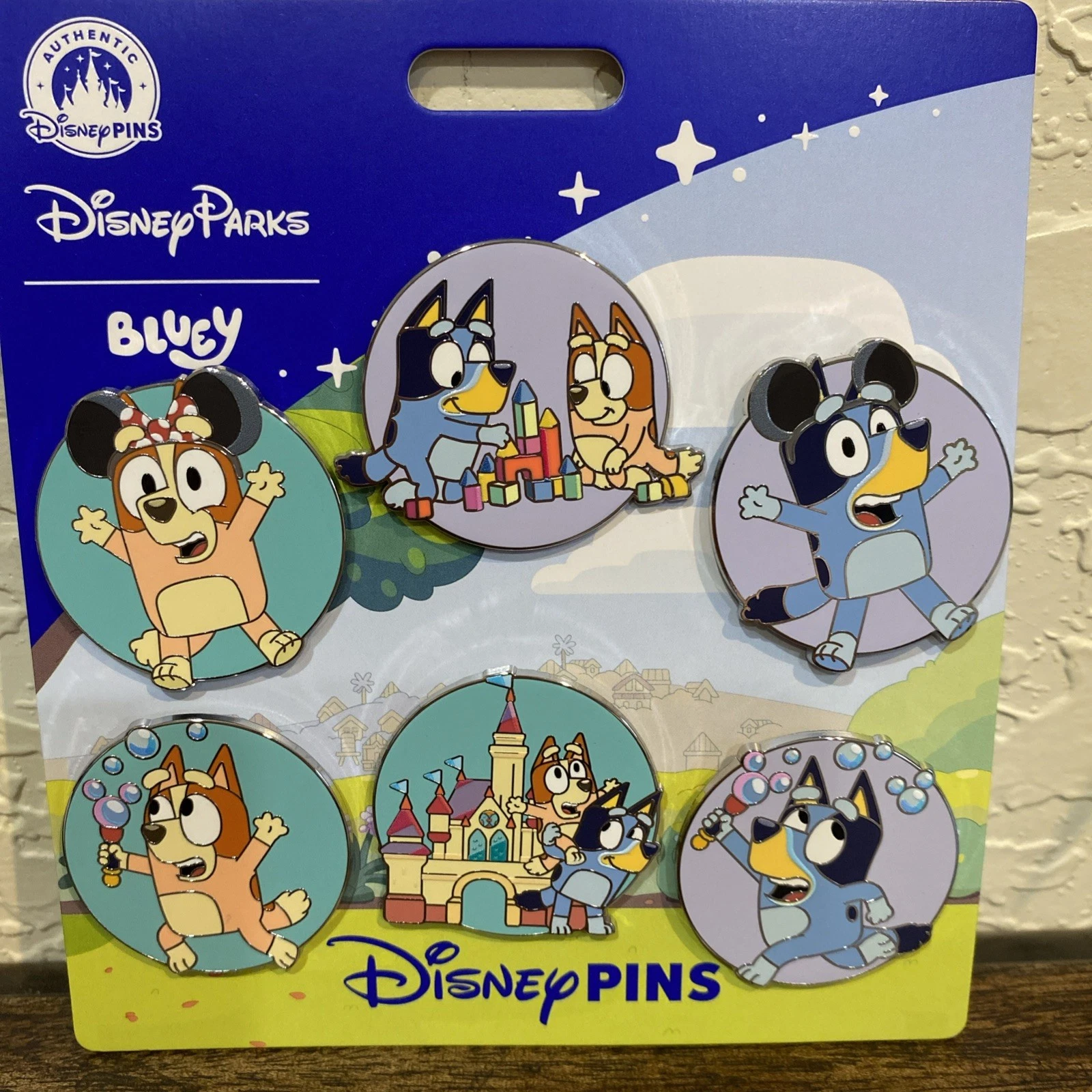 2026 Disney Bluey & Bingo 6 Pin Booster Set Castle Bubble Wand Mickey Ears