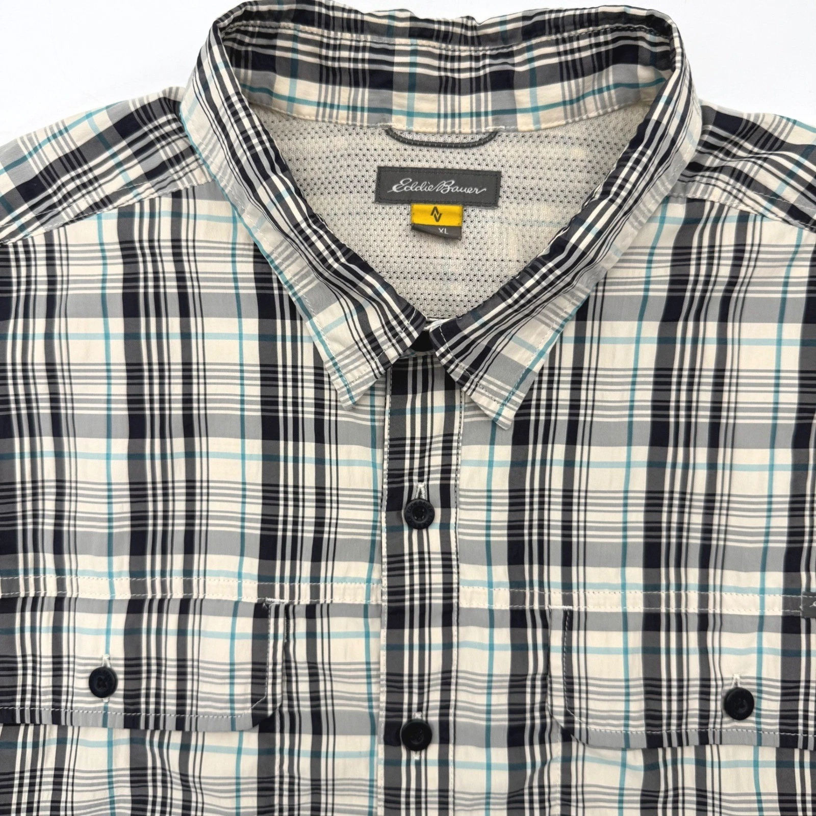 Eddie Bauer Shirt Mens XL White Plaid Short Sleeve First Ascent Hiking Meshed