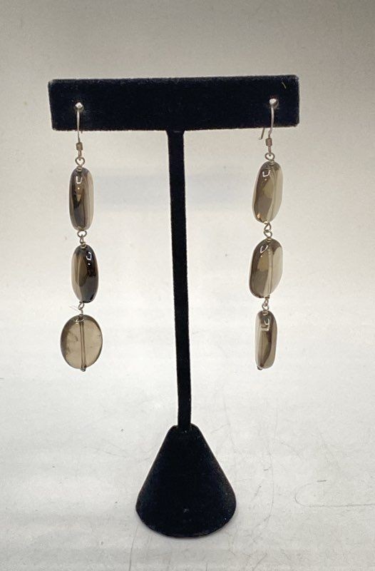 Sterling Silver 925 Smoky Quartz Three Stone Dangle Drop Earrings 3"