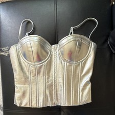 Women  s Silver Faux Leather Bustier Top S Underwired Boned Adjustable Straps