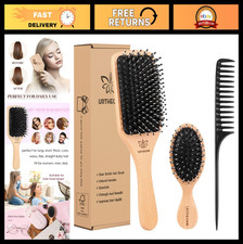 Natural Wooden Paddle Hair Brush & Comb Set for All Hair Types - Detangling & Sm