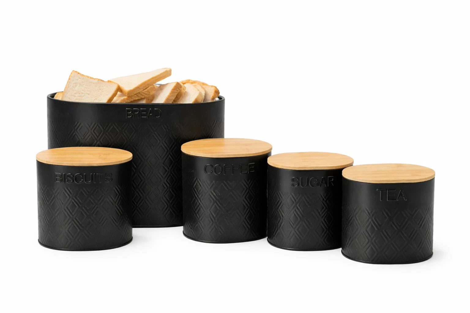 5PCS Black Kitchen Canister Set Bread Bin Coffee Tea Sugar Biscuits Bamboo Lid