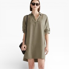 NWT Quince Women Vintage Wash Tencel Roll Sleeve Flowy Tunic Dress Green XS