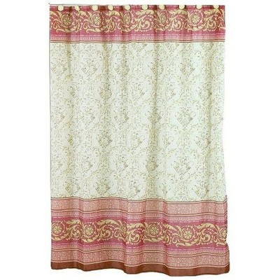 Victorian Shower Curtain Beige Fleur Print Red Pink Contrasting Border NEW