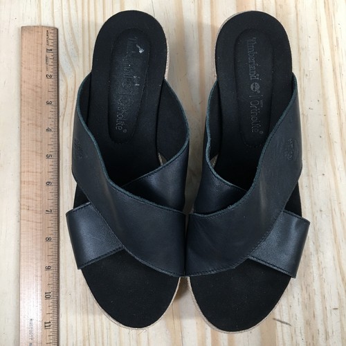 Timberland Sandals Womens 8 Santorini Sun 2 Slide Black Leather Crisscross Wedge - Picture 7 of 18