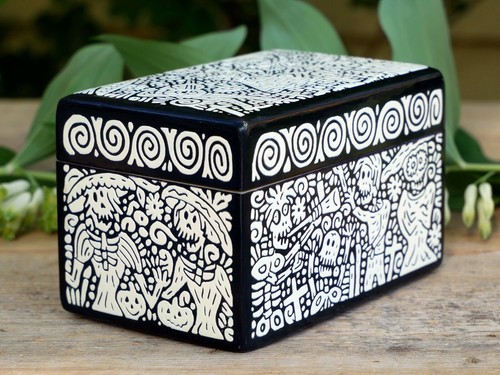 Lacquer Box Day of the Dead Skeleton Party Wood Handmade Olinalá Mexico Folk Art - Picture 9 of 13