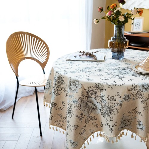 Floral Linen Cotton Tablecloth With Tassel Table Cover Round Dining Table Cloth - Picture 11 of 29