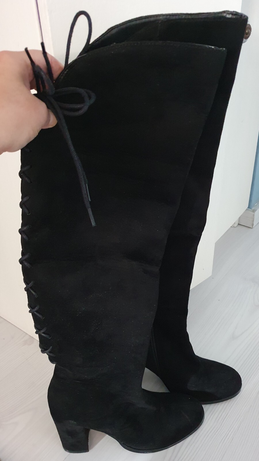 Kniehohe Stiefel Stiefel Schwarz Leder Flach Overknees Stiefel