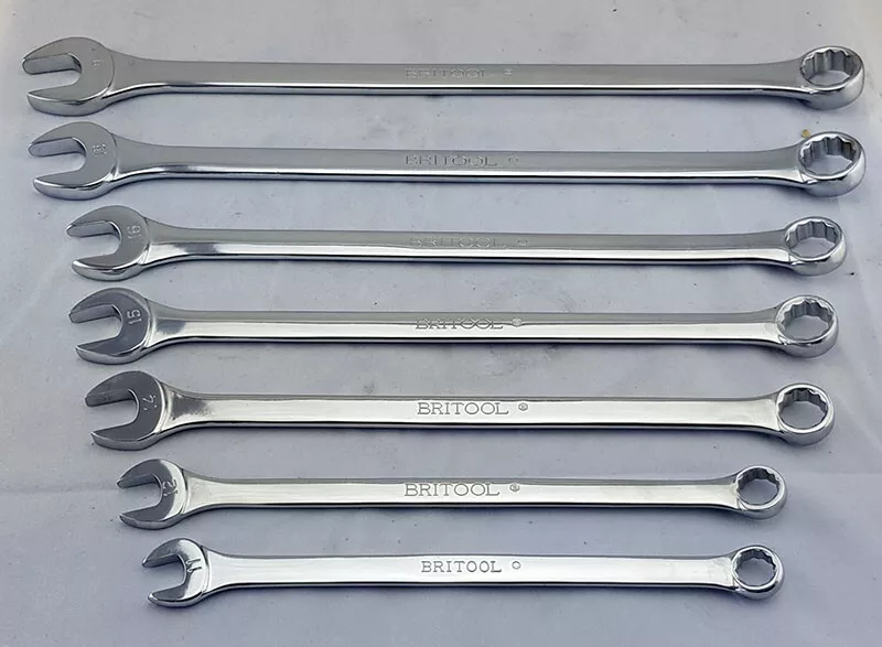 BRITOOL ENGLAND EXTRA LONG METRIC COMBINATION SPANNER SET WITH BI