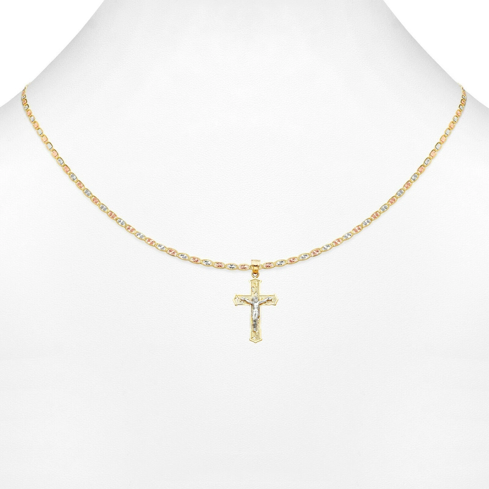 Ciondolo croce crocifisso Gesù in oro giallo bianco 14 kt catena Valentino
