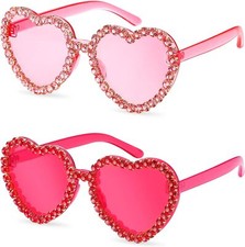 TOODOO 2 Pairs Rhinestone Heart Sunglasses Shape Rimless Pink, Rose Red