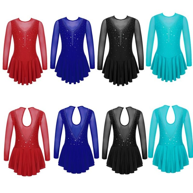 Girls Long Sleeve Figure Ice Skating Dress Rhinestones Mesh Ballet Dance Dresses Girls Long Sleeve Figure Ice Skating Dress Rhinestones Mesh Ballet Dance Dresses
