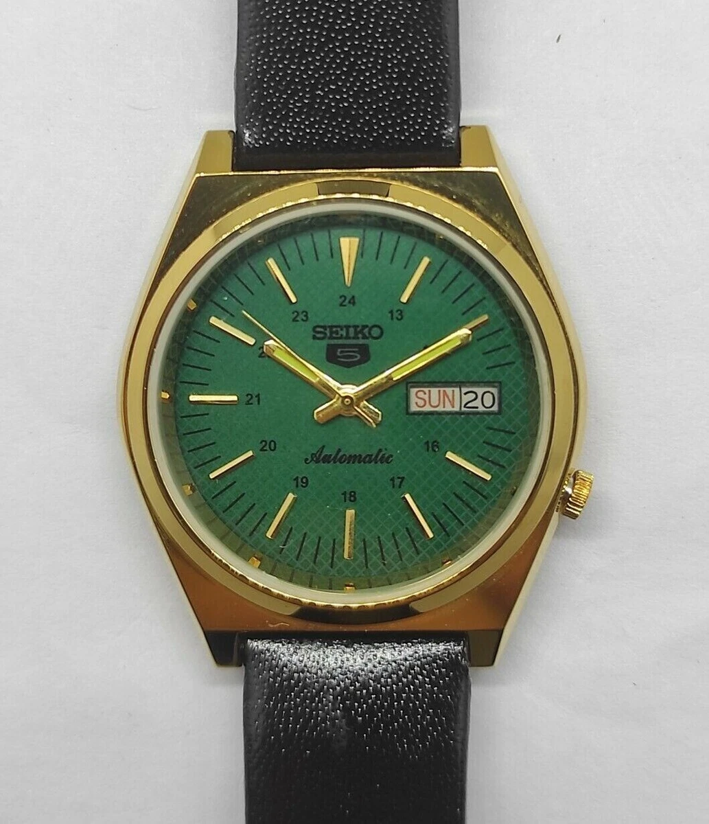 Seiko 5 Automatic Green Color Dial Day Date Gold Plated Vintage Watch Running