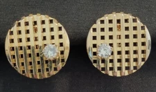 Vintage Gold Tone Clip Earrings Cross-Hatch Patterned Disc w Simulated Diamond