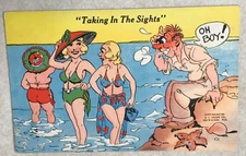 C1568 Postcard Comic Pervert Man Taking in the Sights at the beach