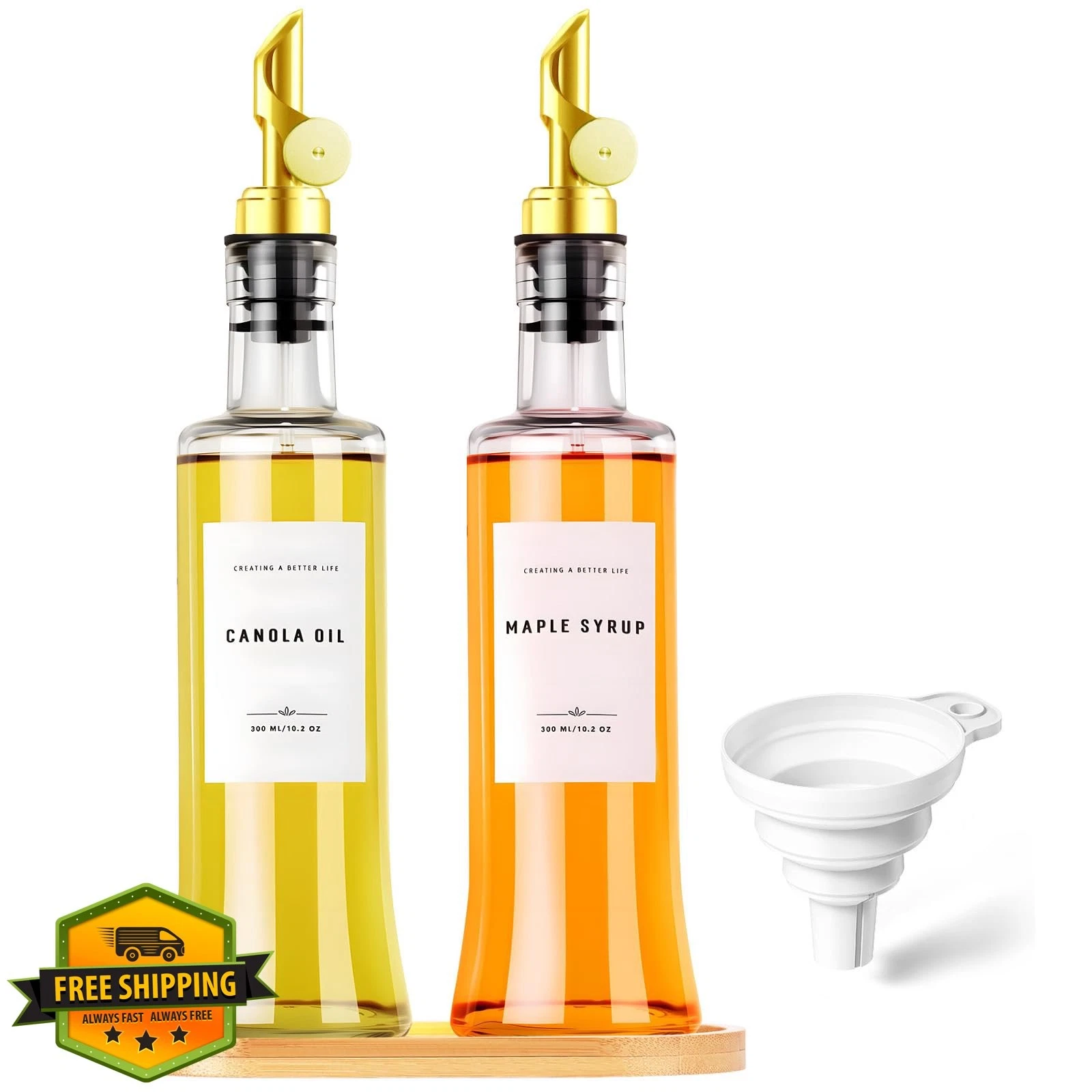 GIXSEGIE Olive Oil Dispenser Bottles Set of 2, 300ml Glass Gold