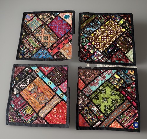 Lot 4 Vtg Mirrored Indian Handmade Embroidered Pillow Covers N India 16” Square