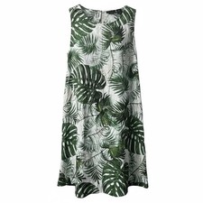 Tahari Linen Shift Swing Dress Size XS Green Foliage Palms Leaf Tropical