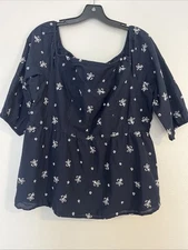 Cottagecore Top Women’s 14 XL Dark Blue Empire Waist Babydoll Half Sleeve