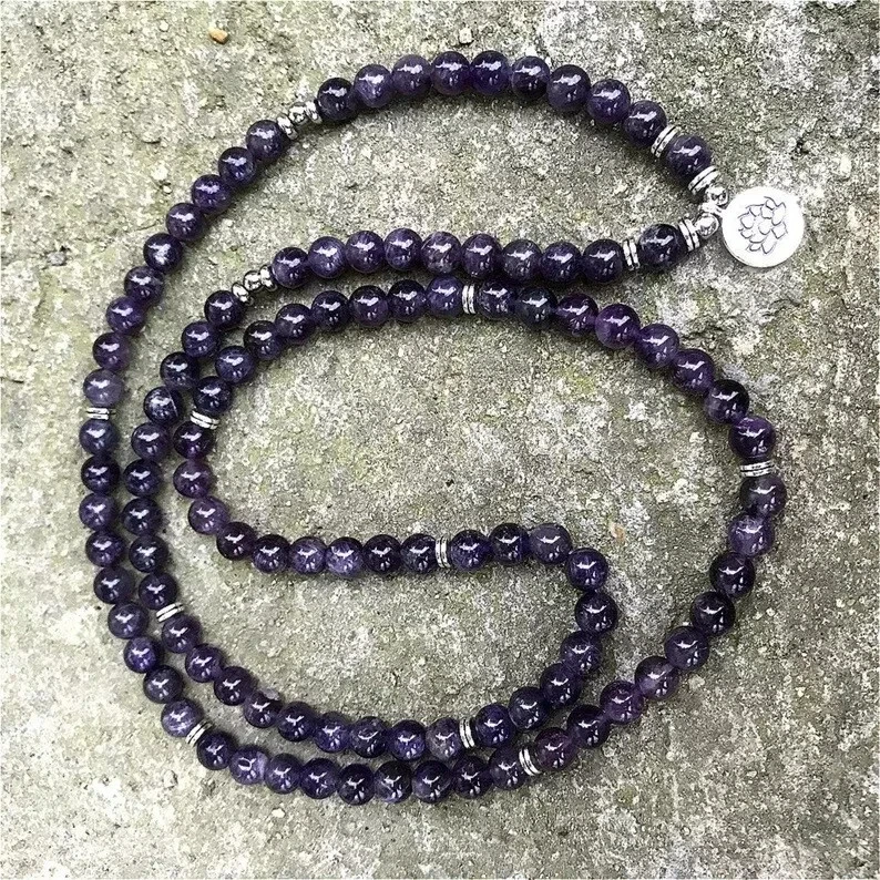 108 contas de mala colar de contas de ametista natural pulseira de cura de cristal roxo - Imagem 2 de 4