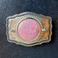 Western Rectangular Silver Tone Scroll Belt Buckle Pink Stone Accent Made in USA