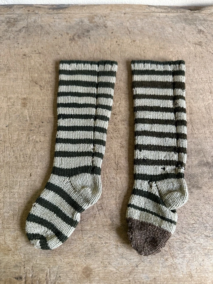 BEST ANTIQUE 19th C Child's Hand Knit Socks Textile Striped Olive Green - Image 2 of 4