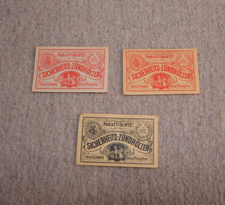 3 alte deutsche Zündholzetiketten Paraffinierte Sicherheitszündhölzer