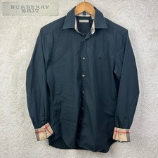 BURBERRY BRIT Men Black Nova Plaid Flip Cuff Logo Stretch Poplin Button Shirt M
