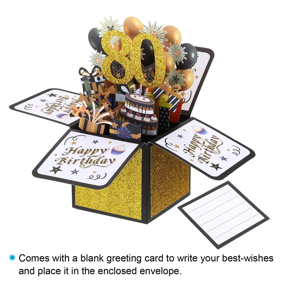 Tarjeta de Cumpleaños 80, Tarjeta de Cumpleaños Pop-Out Tarjeta de Regalo Feliz Cumpleaños, Negro Dorado Foto 3 de 4