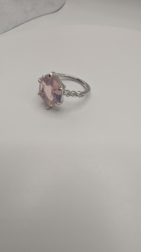 Silver Ring with Hexagonal Pink Gemstone and Decorative Side Stones Size 7