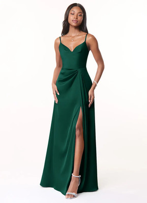 Emerald Stretch Satin A-Line Cowl Bridesmaids Dress (Azazie Brielle) (Size 6)
