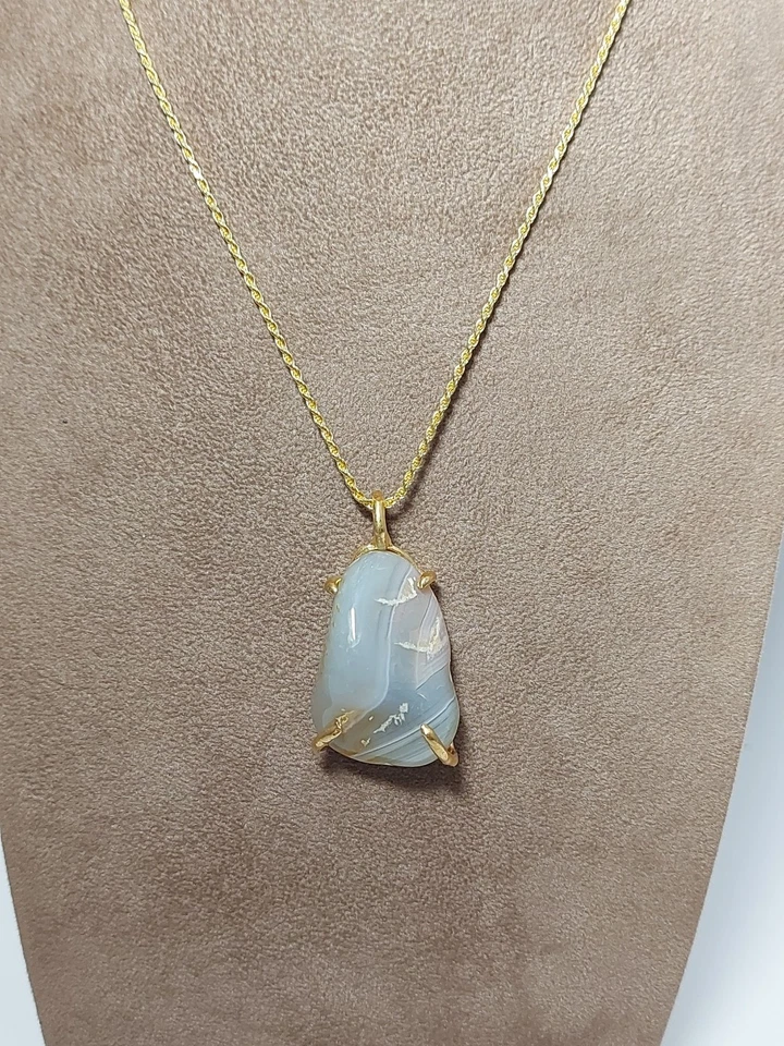 Collana Argento 925 Donna Dorato e Ciondolo Grande Pietra Naturale Agata Marrone - Immagine 3 di 4