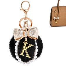Gold Initial Keychain with Rhinestone Bow  Black Pom Pom, Cute Gold Letter K