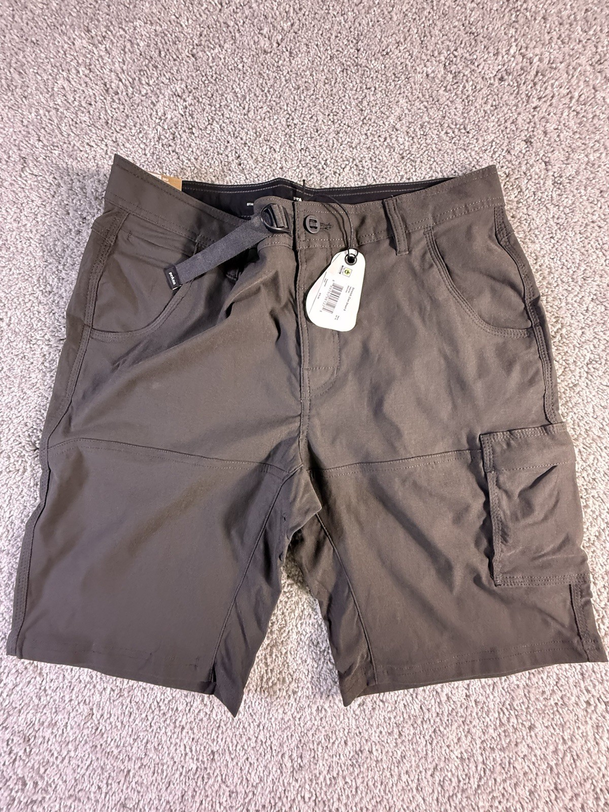 Prana Zion II Stretch Dark Iron Mens 34 - 10 Inseam Belted Cargo Shorts NWT Gray