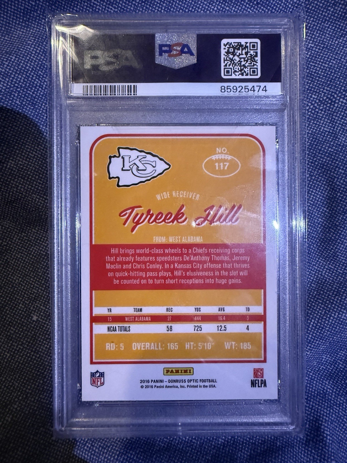 2016 Panini Donruss Optic Tyreek Hill Red & Yellow RC #117 PSA 10 view 2