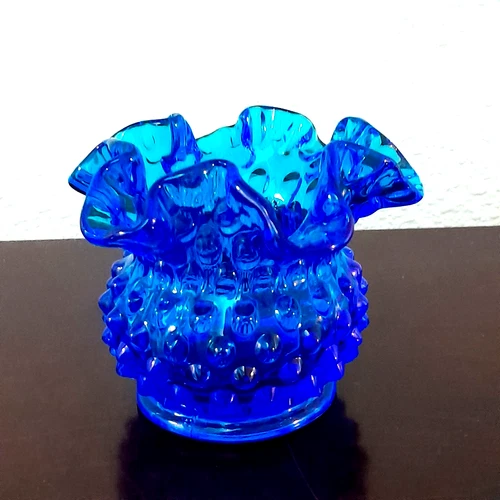 Fenton Cobalt Blue Ruffled Hobnail Vase 3"