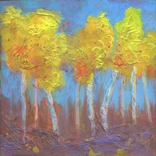 Original Abstract Painting Acrylic Multimedia Trees Yellow Aspens 8x8x2