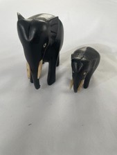 Antique Hand-carved Solid Ebony Wood Elephants w/Tusks Mama & Baby