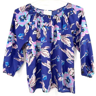 Yumi Kim Floral Smocked Neck Button Front Long Sleeve Blouse Women's Size S