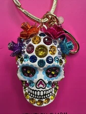 Betsey Johnson White Sugar Skull Jeweled Charm Keychain Bag Charm Day of Dead