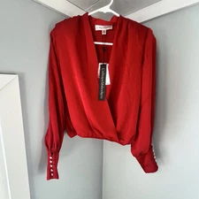 NWT Catherine Maladrino Embellished Cuff Red Satin Wrap Top Size XS
