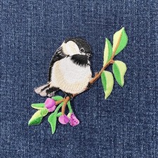 Chickadee Applique Patch - Embroidered Bird  Flowers Badge 3.25" Iron On 