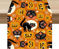 Halloween Table Runner Vintage Spooky Cats Pumpkins Orange Decor for Indoor Outd