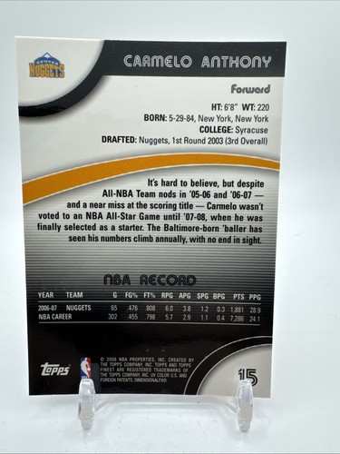 2007 Finest Base Set #15 Carmelo Anthony - Picture 2 of 2