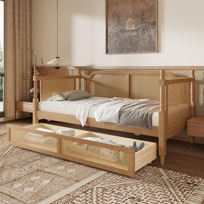 Twin Rattan Bed Frame with Storage Drawers - Antique Walnut Finish