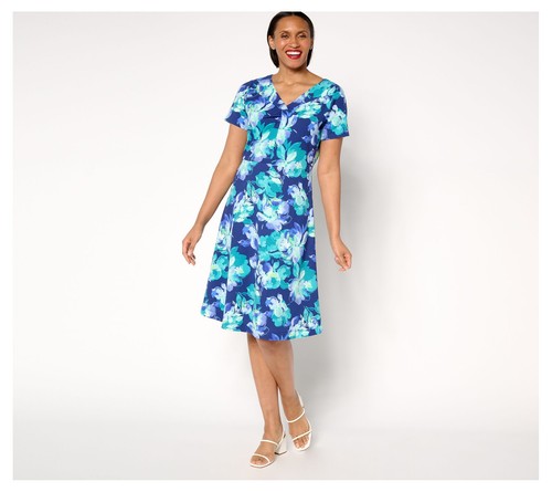 Isaac Mizrahi Live! Women's Petite Dress PL Scuba Crepe Twist Front Blue A684998